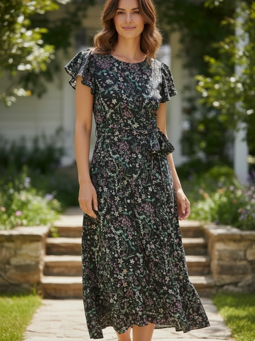 Max Studio Black Floral Midi Dress Hi Low with ruffle sleeves Sz L